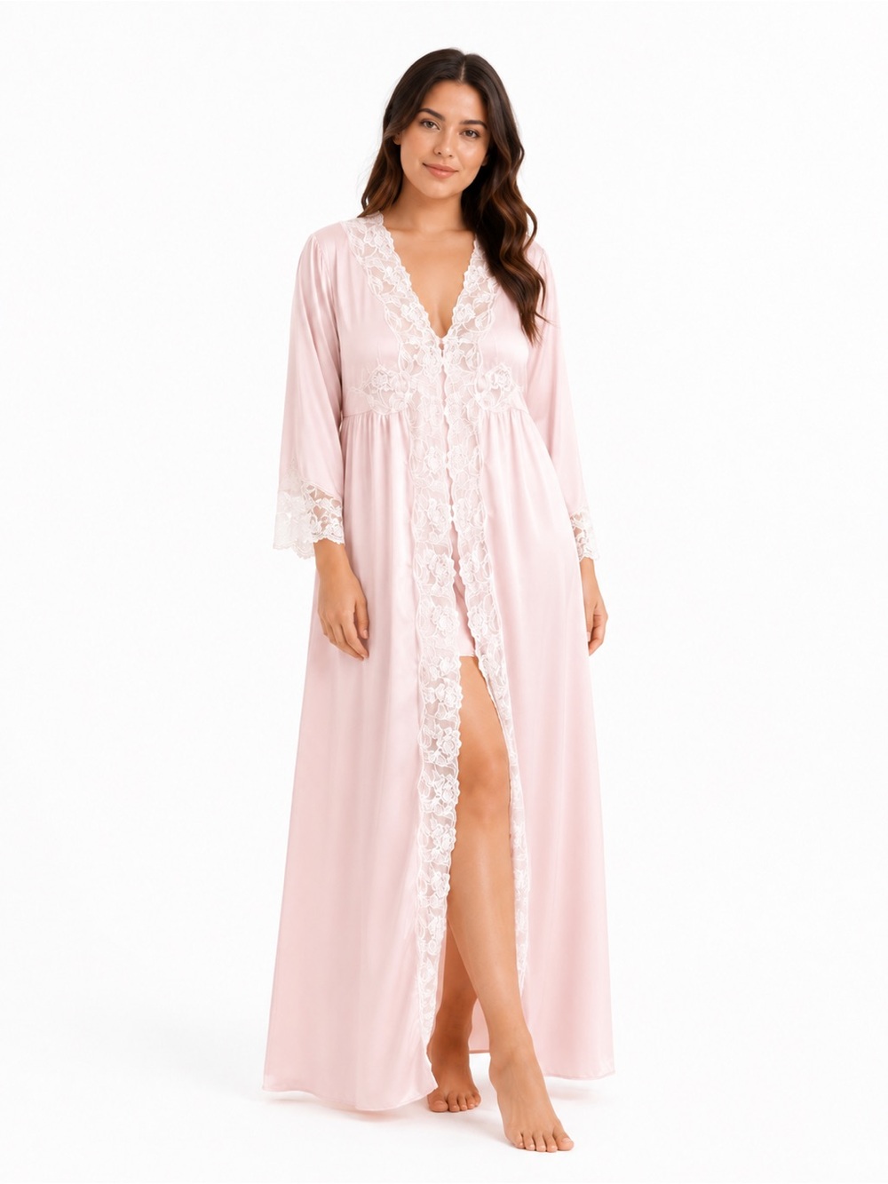 Christian Dior Vintage Light Pink Lace-Trim Long Robe size Large